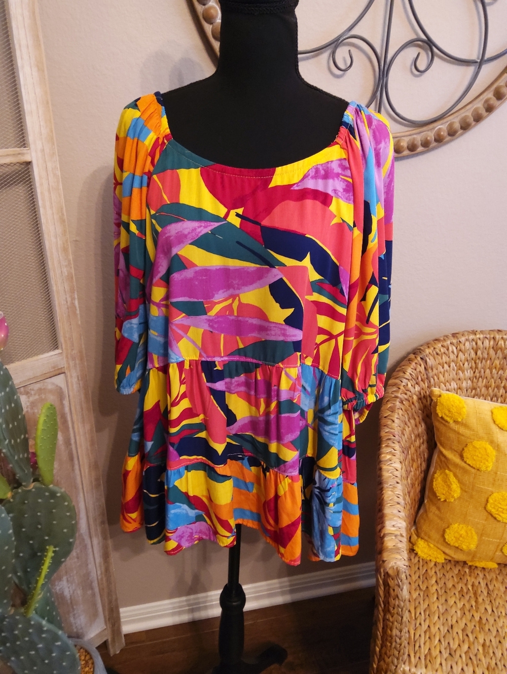 Terra & Sky Multicolor Tropical Scoop-Neck Tunic